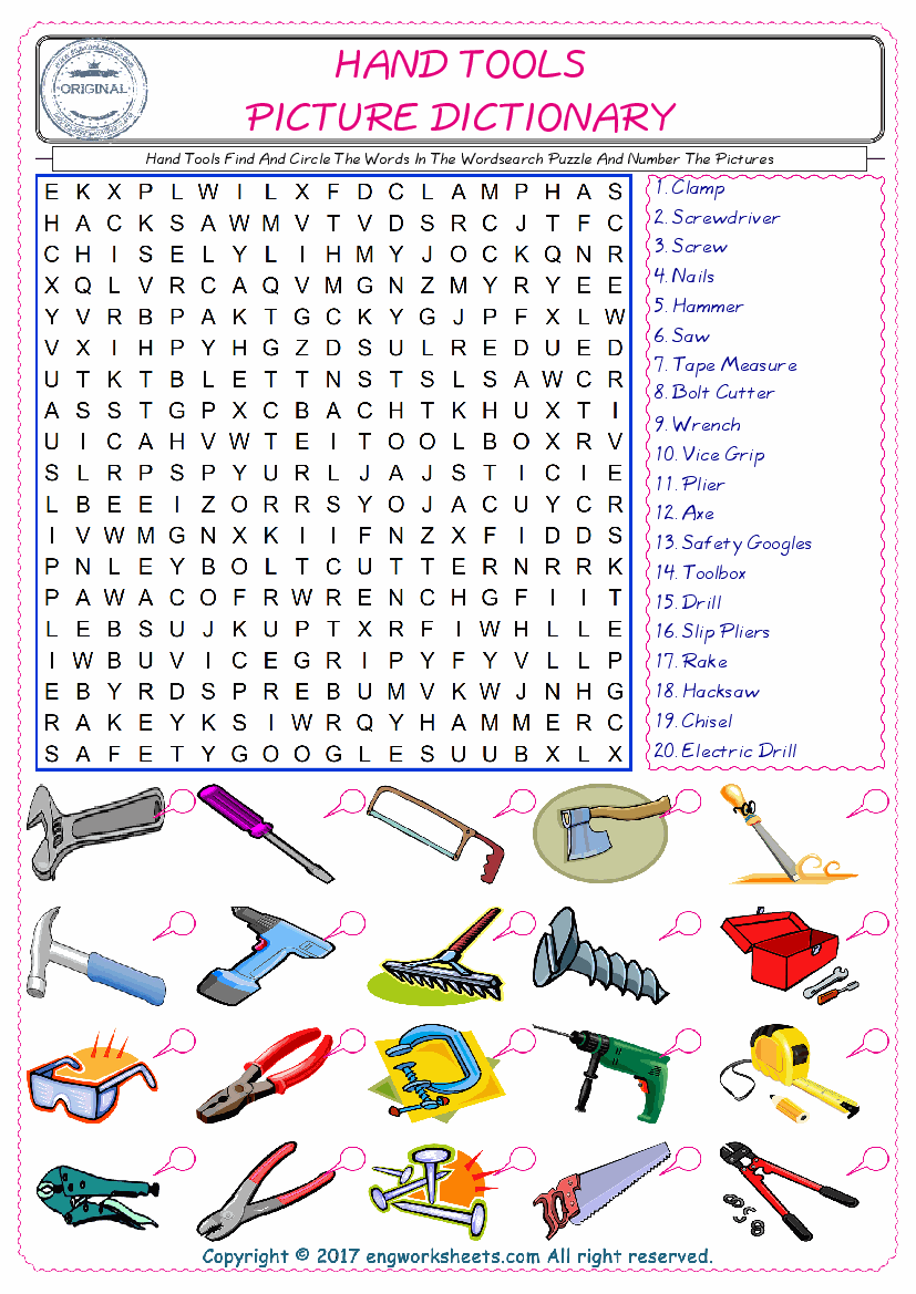  ESL wordsearch worksheets for kids, find Hand Tools words in the word wordsearch write its number on its picture English worksheet. 